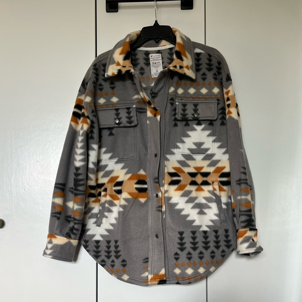 Fornia Gray and Orange Patterned Fleece button up